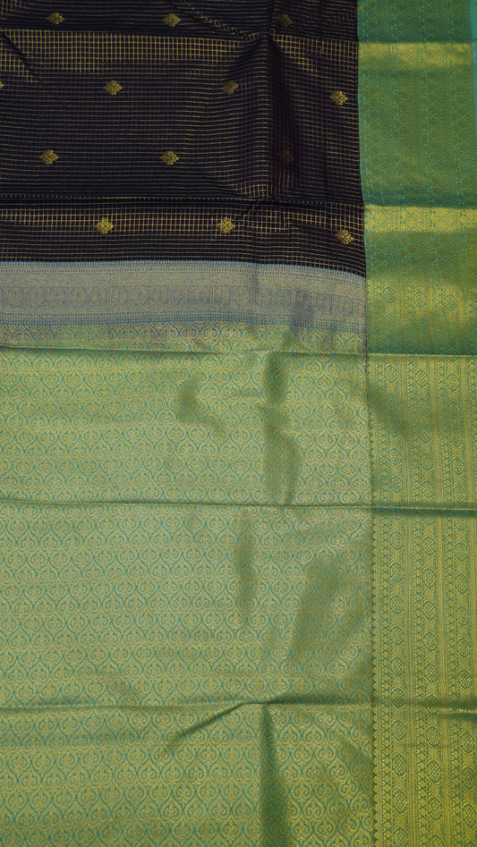 Semi Kanjivaram Silk Saree -Checks Butta Brown