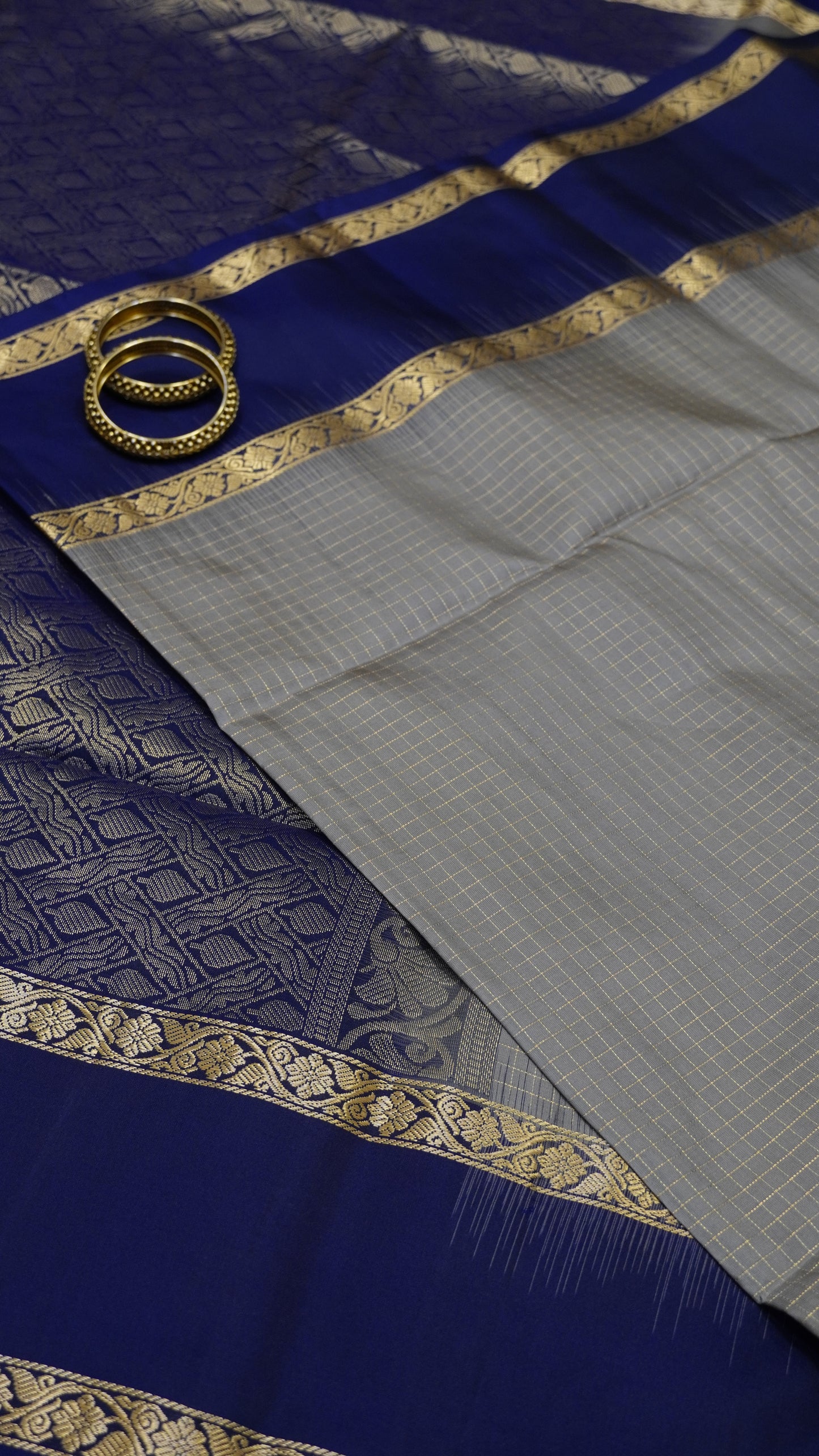 Pure Kanchipuram Silk Saree - Grey - Navy Blue