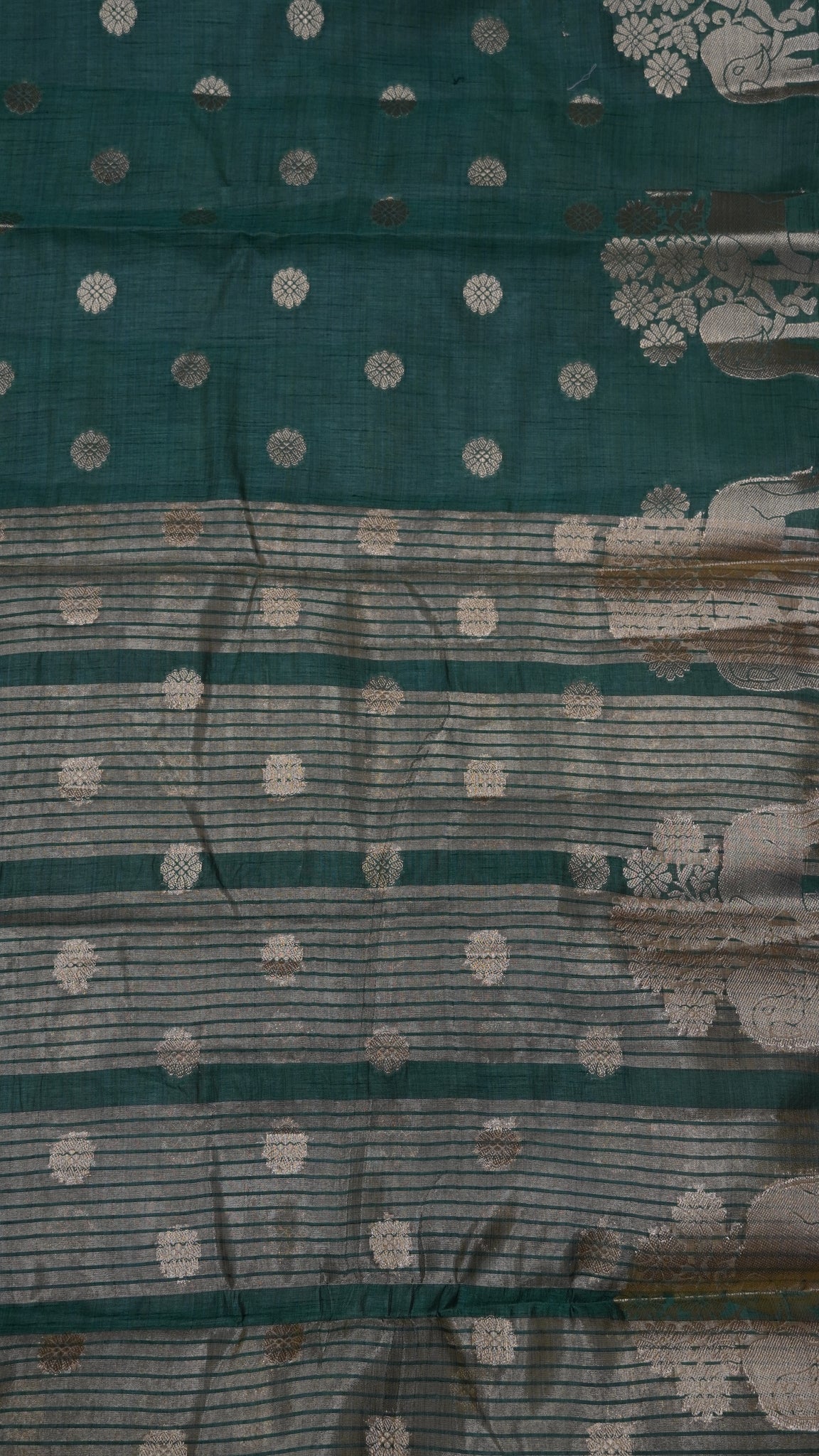 Semi Tussar Saree - Elephant Butta- Metallic Green