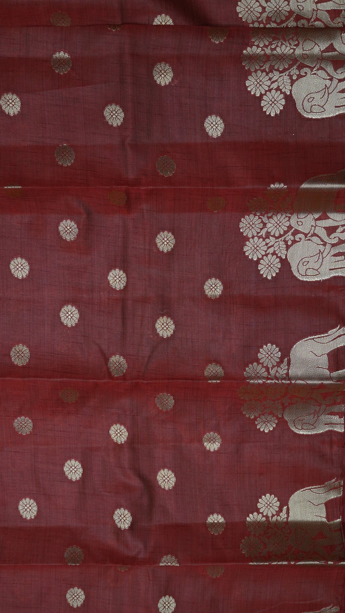 Semi Tussar Saree - Elephant Butta- Maroon