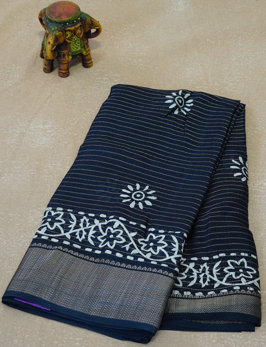 Dola Silk Saree Floral Print - Black