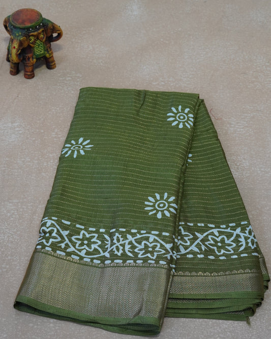 Dola Silk Saree Floral Print - Olive green