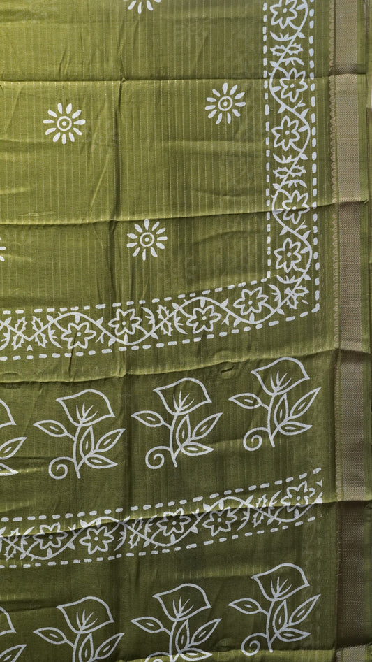 Dola Silk Saree Floral Print - Olive green