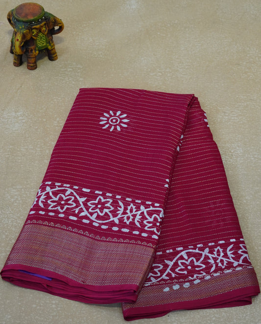 Dola Silk Saree Floral Print - Red