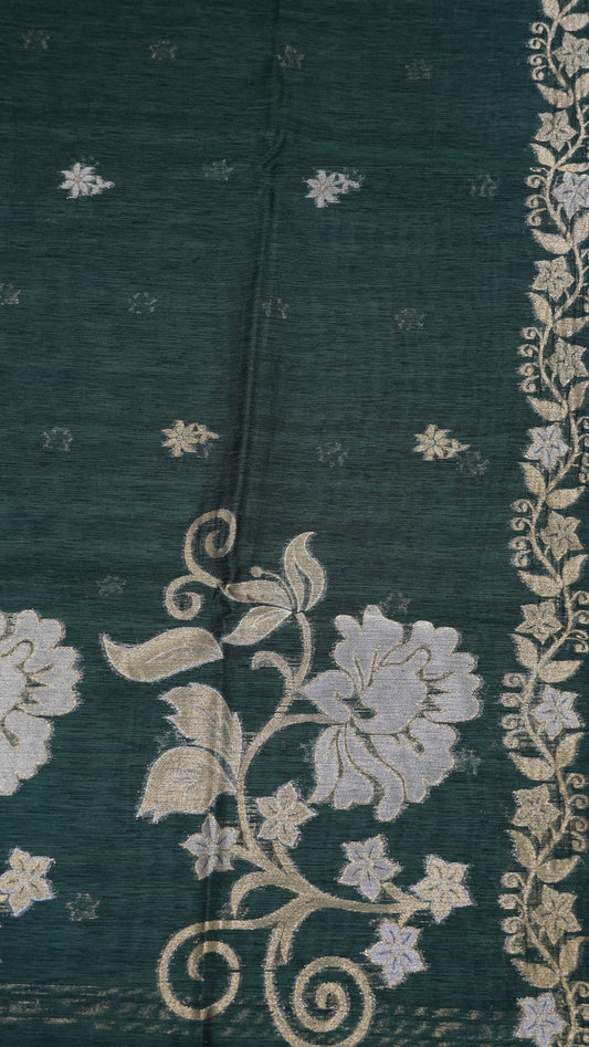 Linen Saree - Floral Design Bottle Green