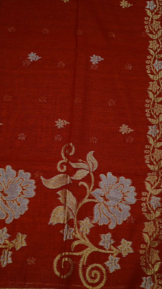 Linen Saree - Floral Design Red