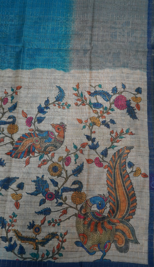 Semi Chanderi Saree- Tri Colors Checks Blue