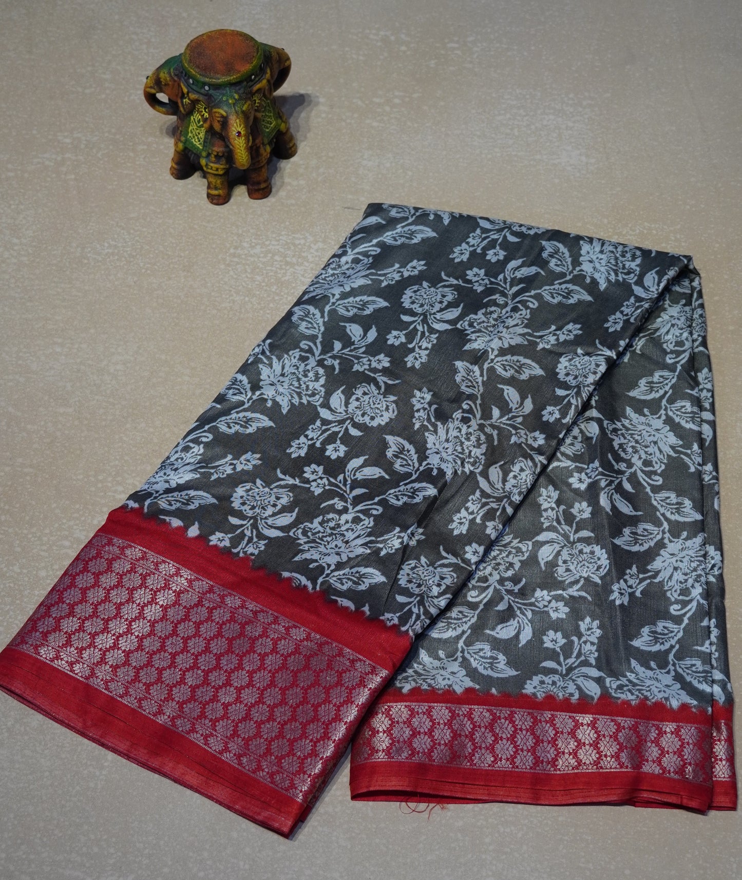 Dola Silk Saree Floral print-Grey