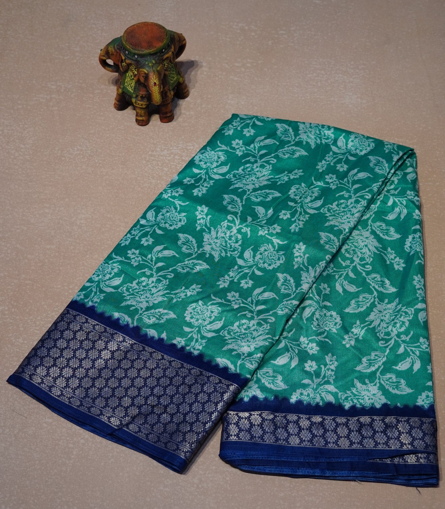 Dola Silk Saree Floral print-Teal green
