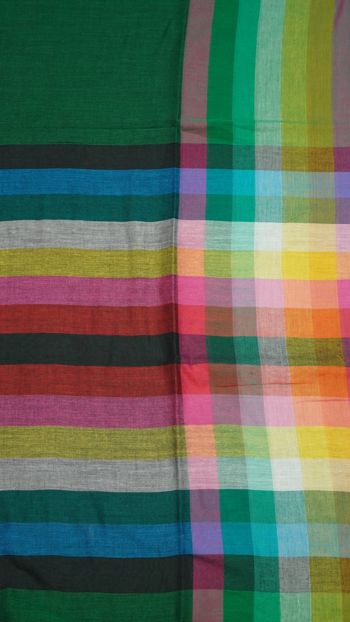 Khadi Cotton Saree-Checks Army Green