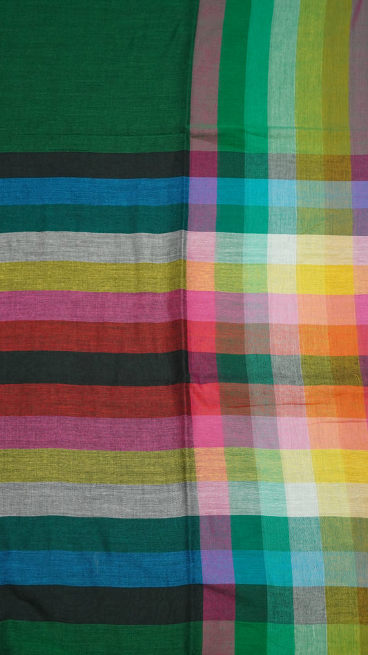 Khadi Cotton Saree-Checks Army Green