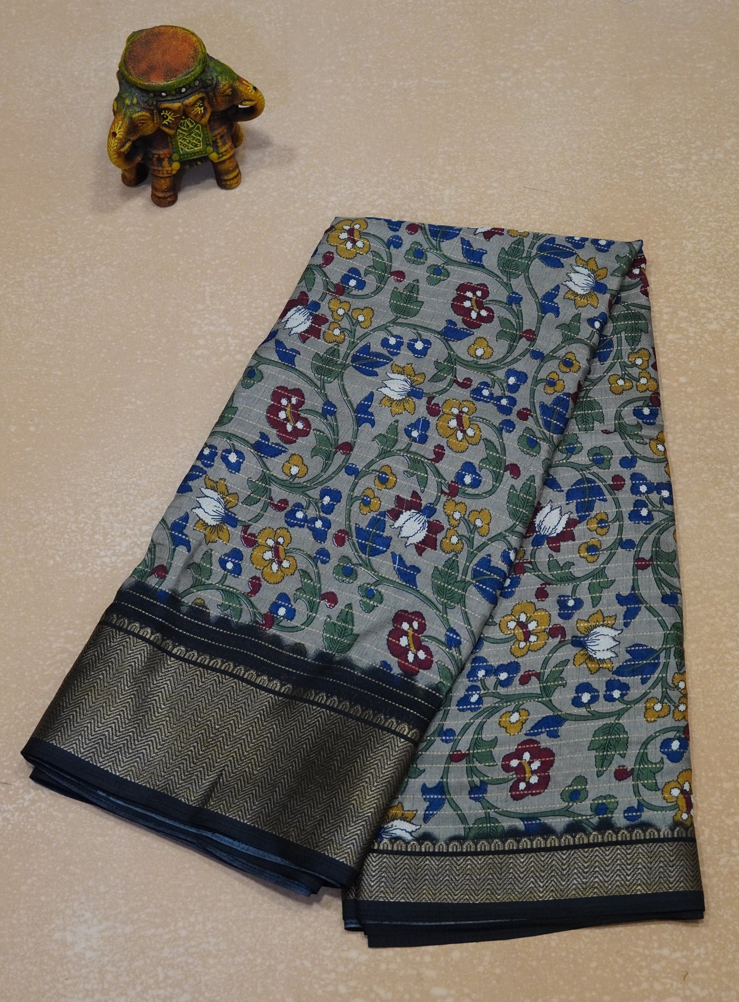 Dola Silk Saree Floral Zari Lines-Grey