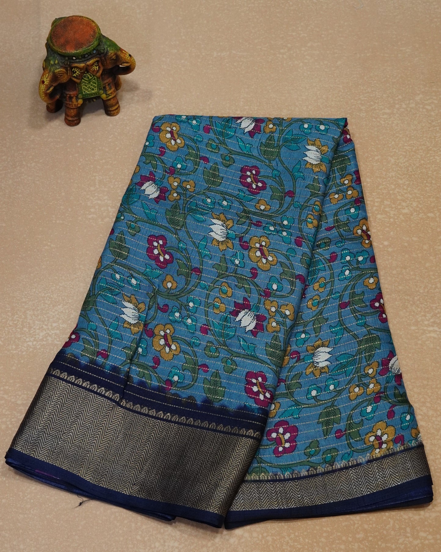 Dola Silk Saree Floral Zari Lines-Blue
