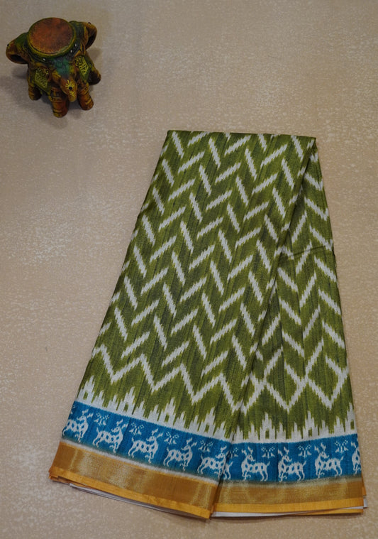 Dola Silk Saree Ikkat Print-Green