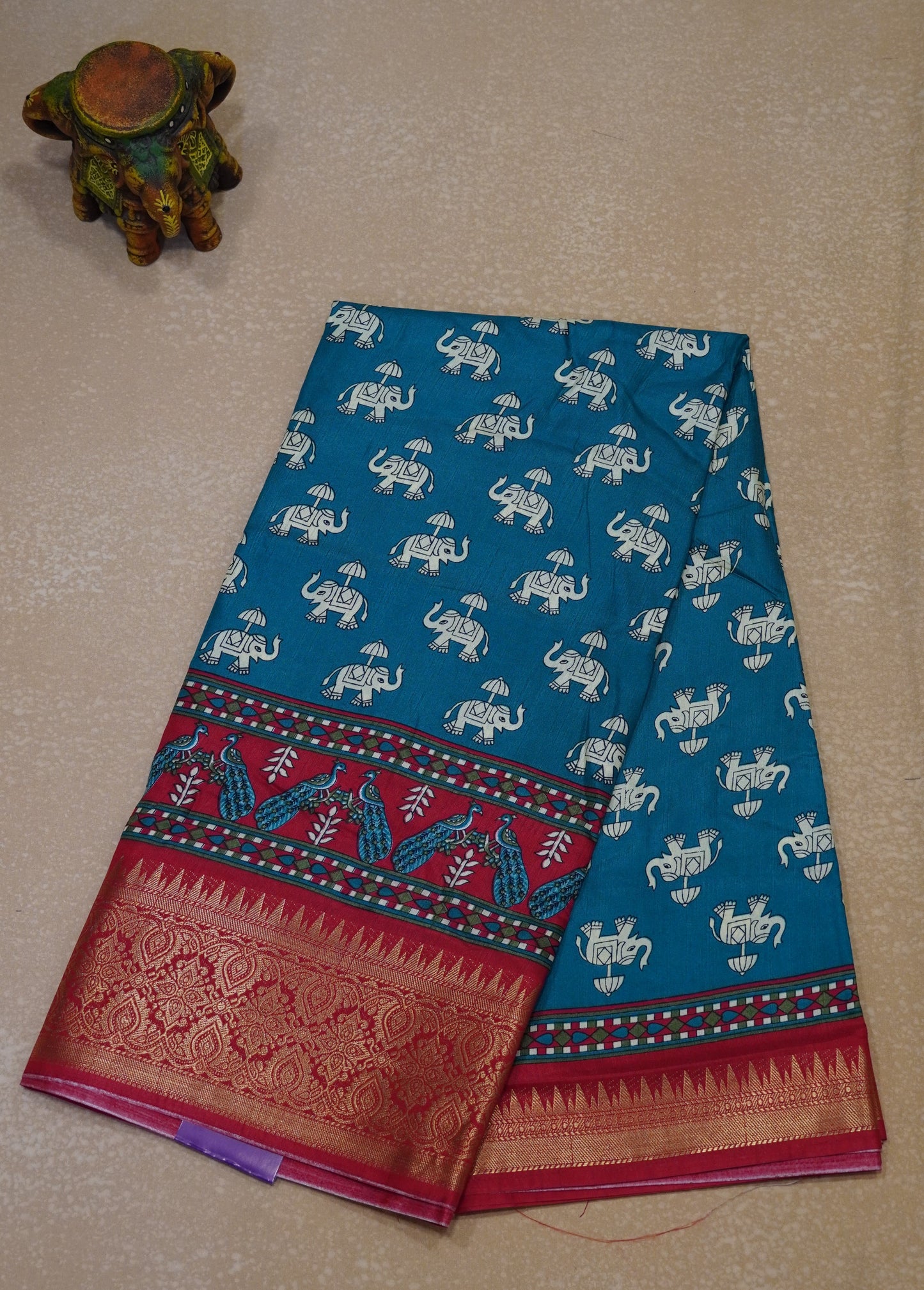 Dola Silk Saree Elephant Print-Rama Green
