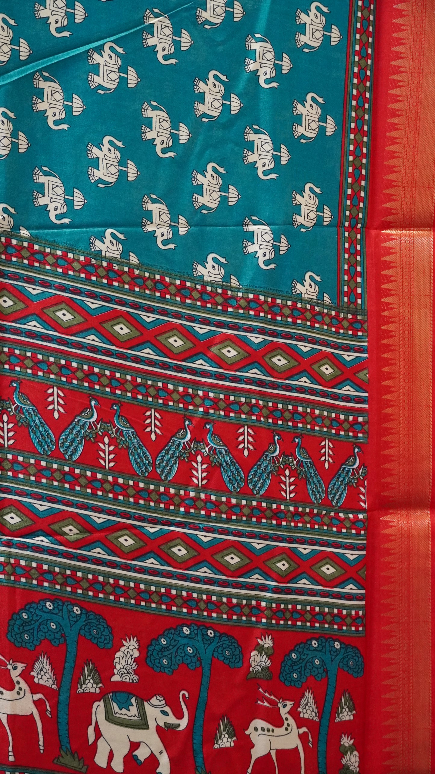 Dola Silk Saree Elephant Print-Rama Green
