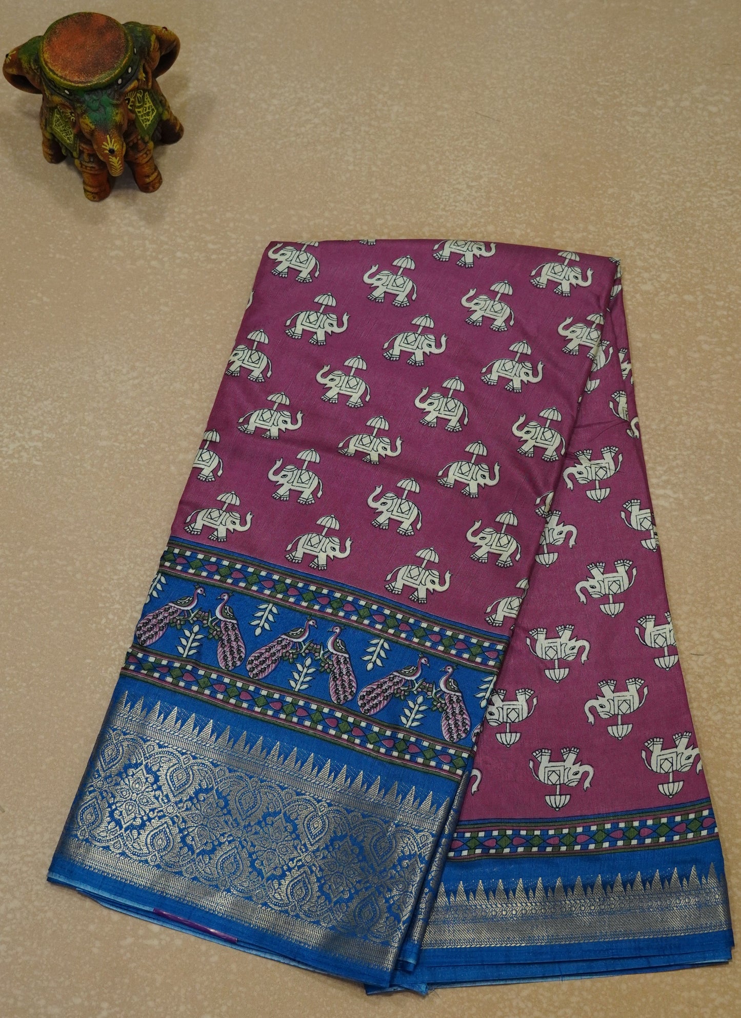Dola Silk Saree Elephant Print-Purple