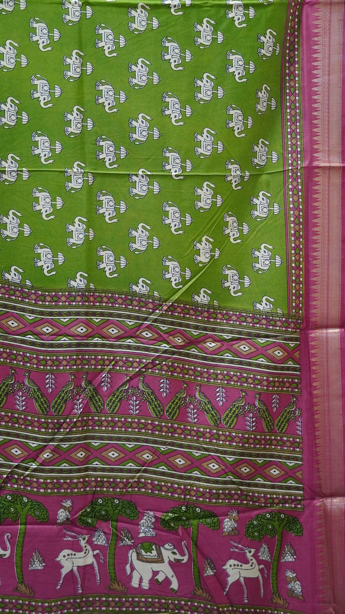 Dola Silk Saree Elephant Print-Green