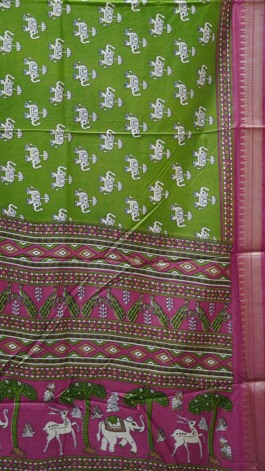 Dola Silk Saree Elephant Print-Green