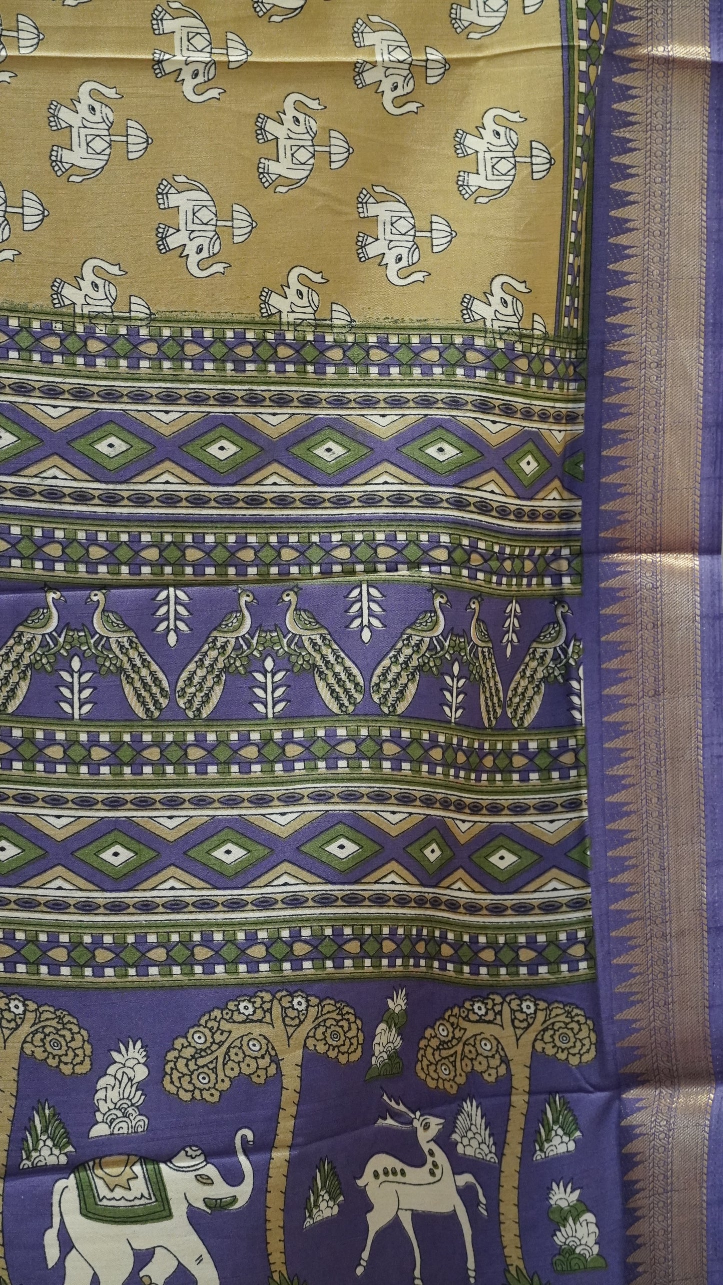 Dola Silk Saree Elephant Print-Beige