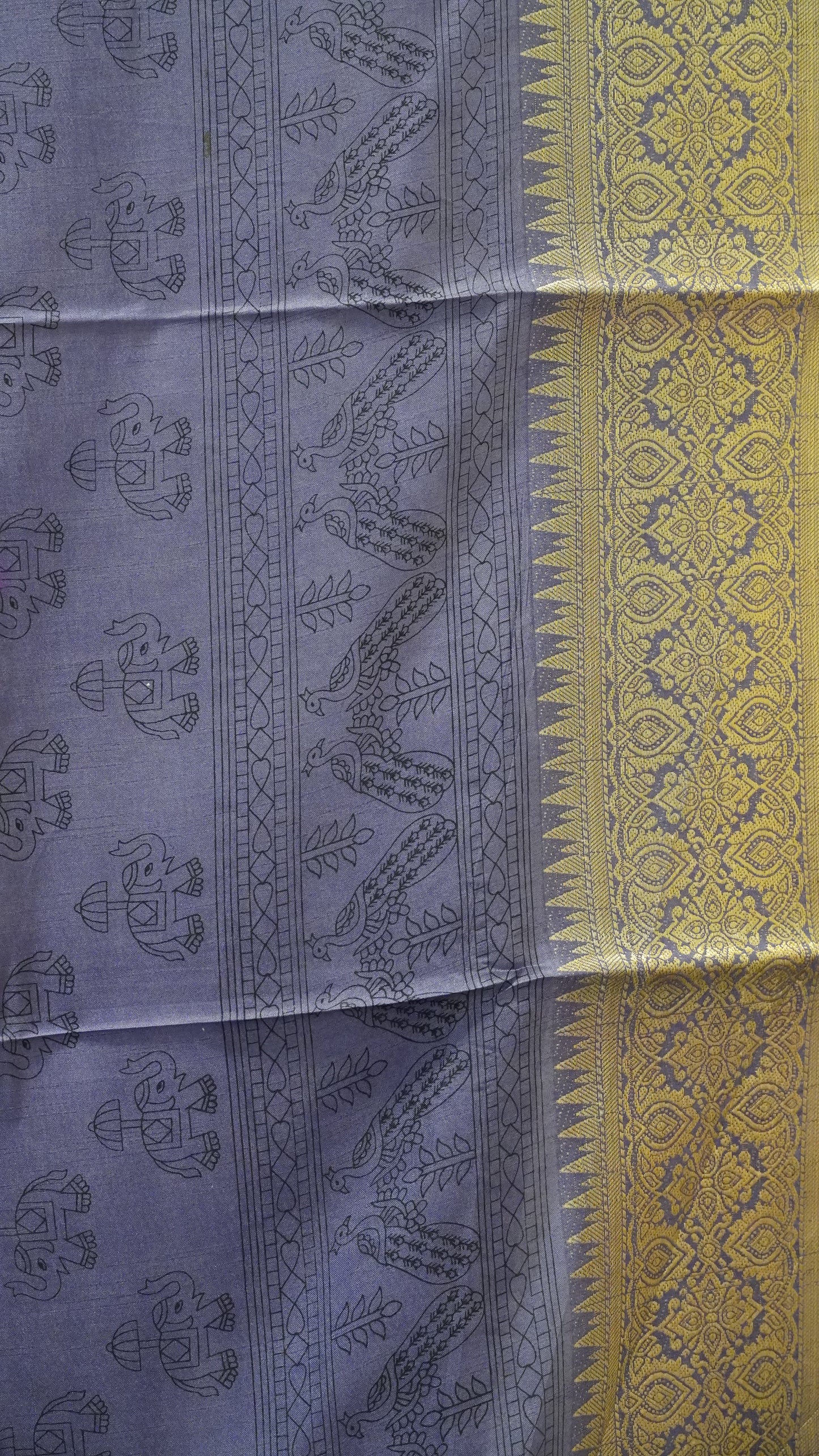 Dola Silk Saree Elephant Print-Beige