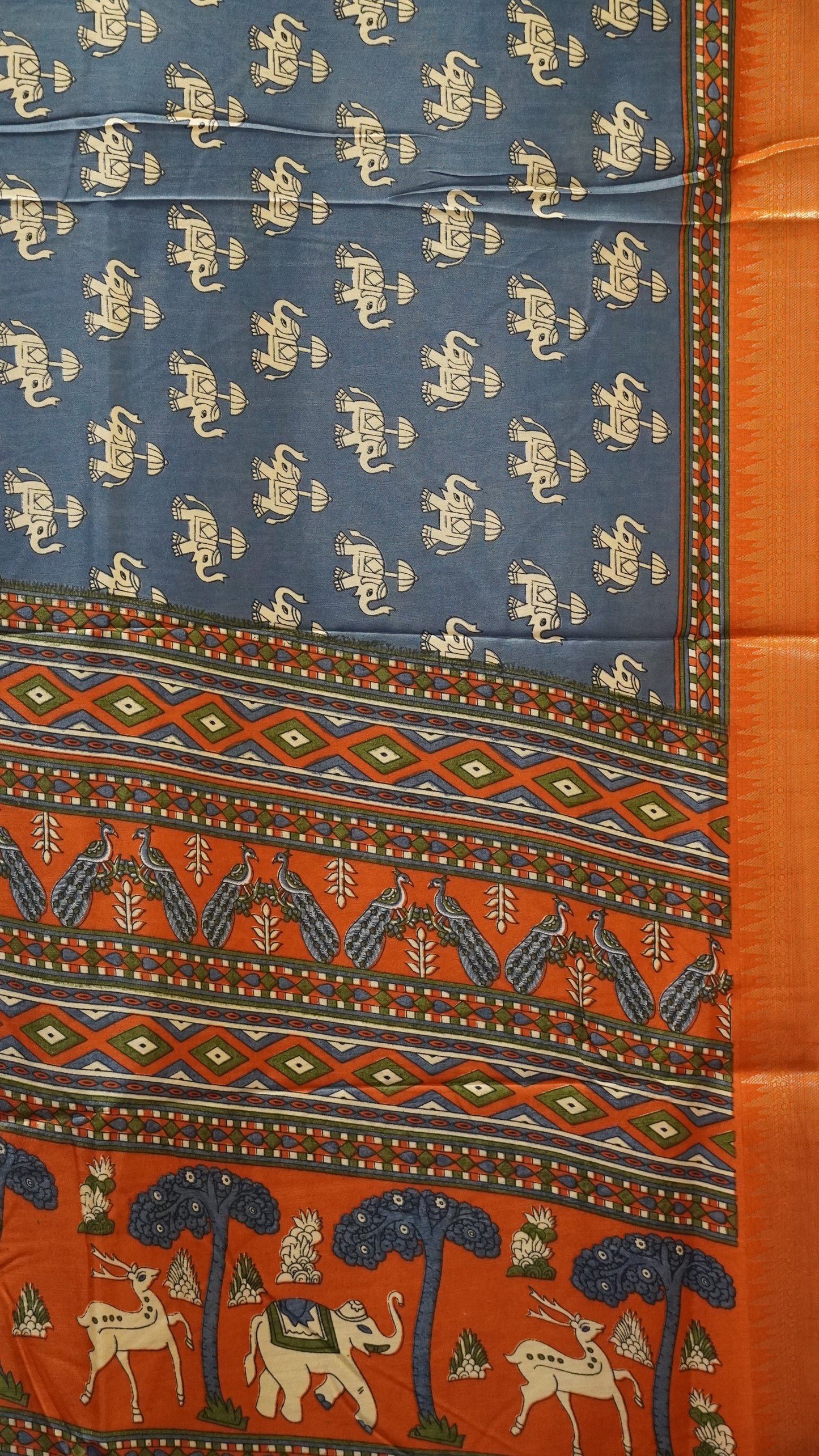 Dola Silk Saree Elephant Print-Blue