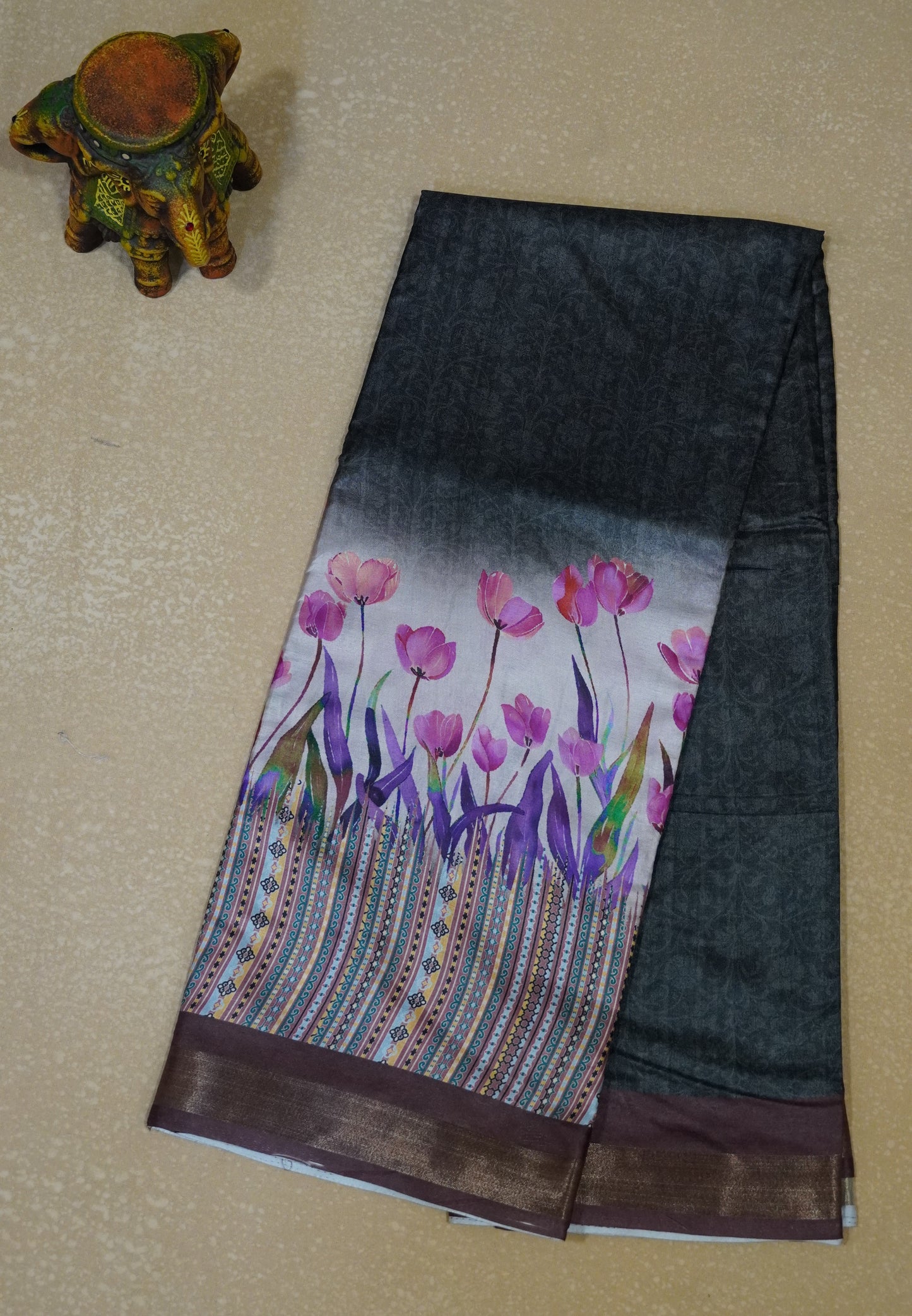 Dola Silk Saree Tulip Print-Grey