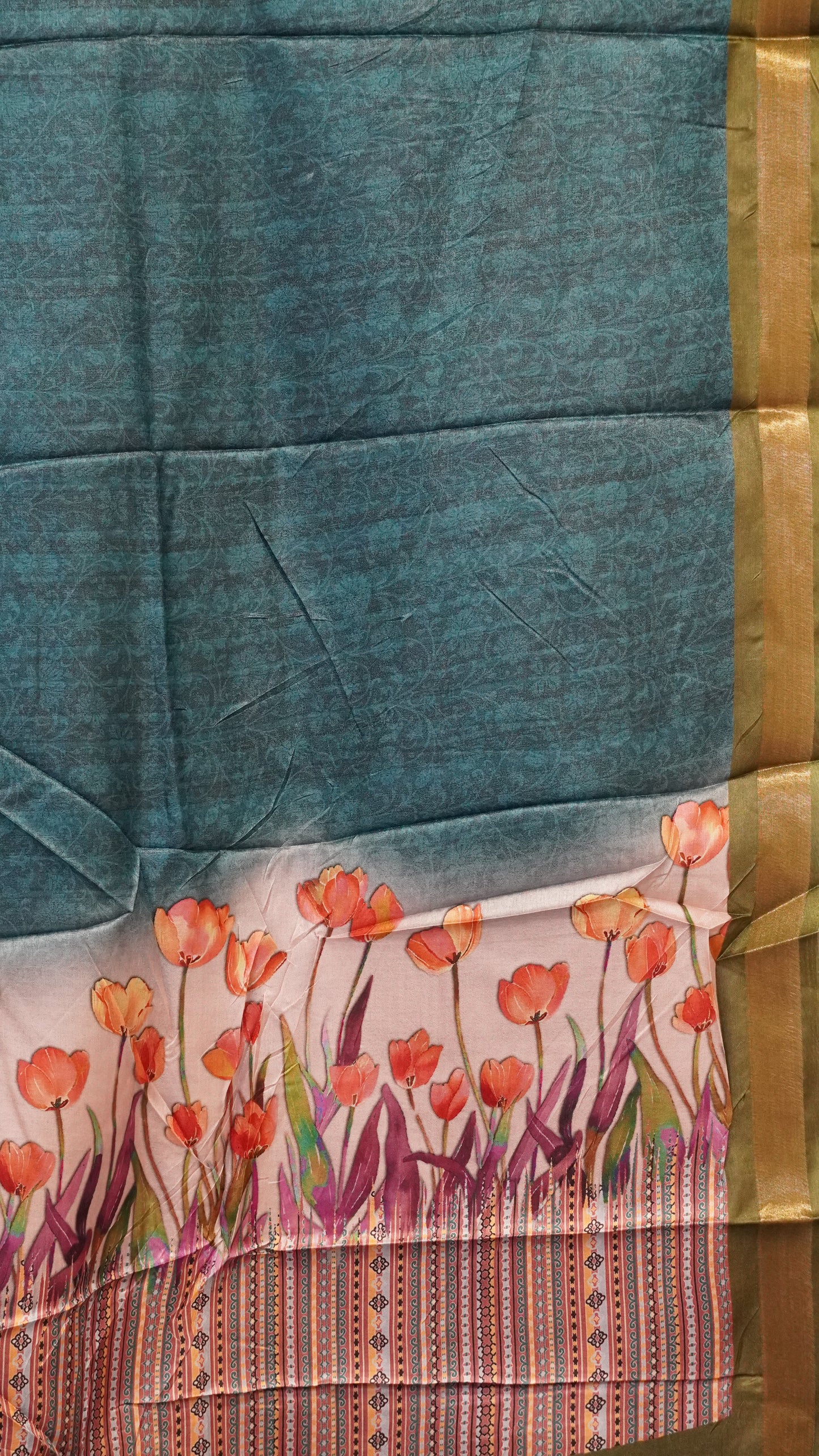Dola Silk Saree Tulip Print-Peacock Blue