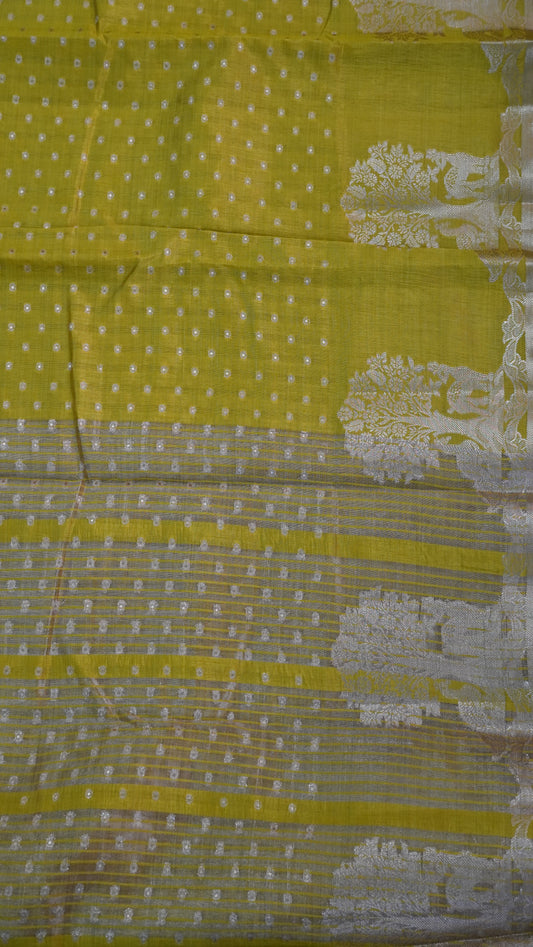 Semi Tussar - Deer Peacock Border Mehndi green