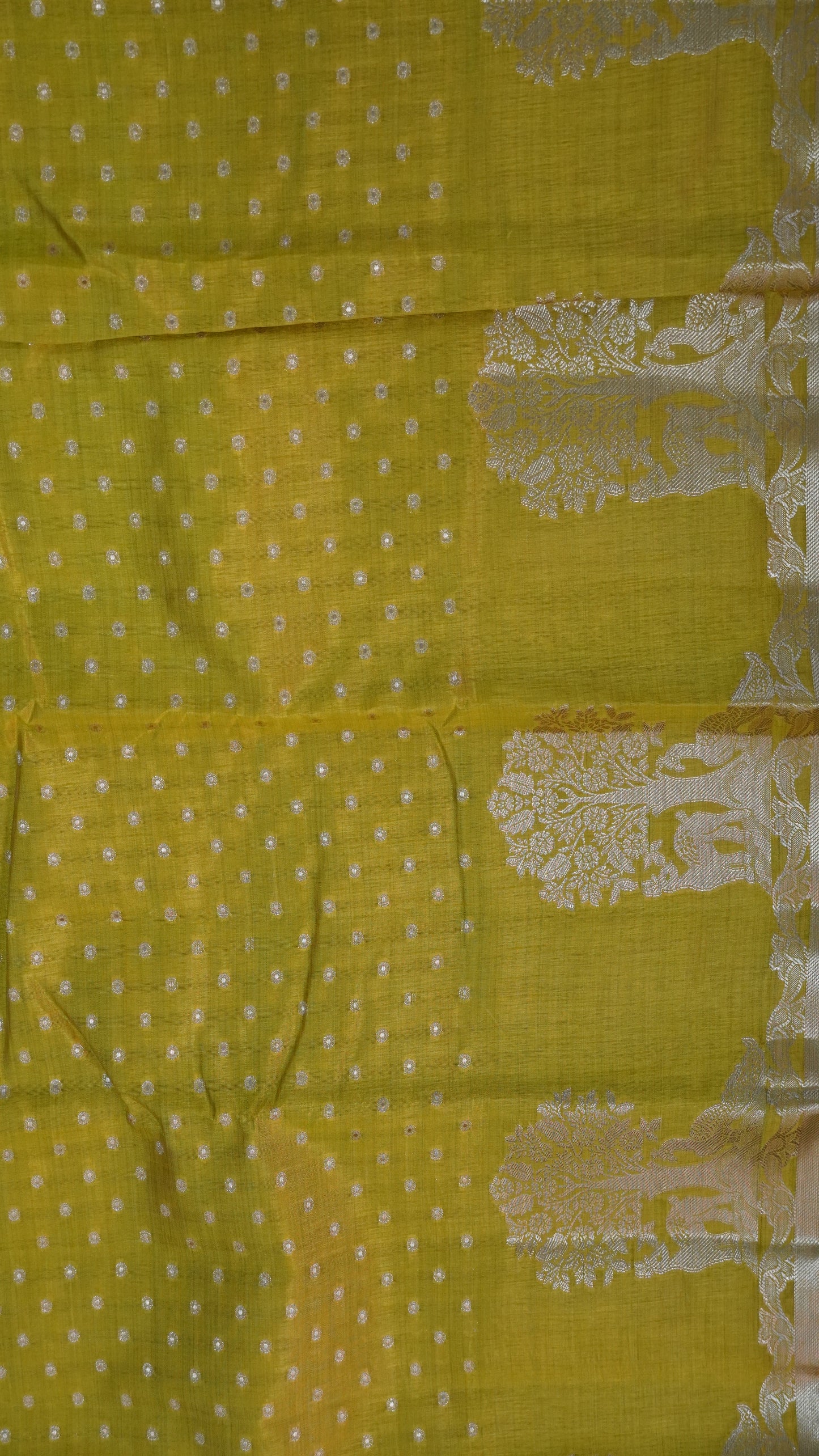 Semi Tussar - Deer Peacock Border Mehndi green