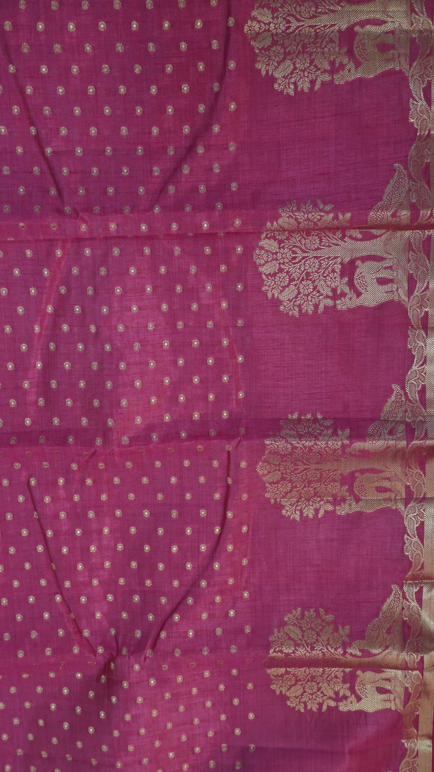 Semi Tussar - Deer Peacock Border Pink