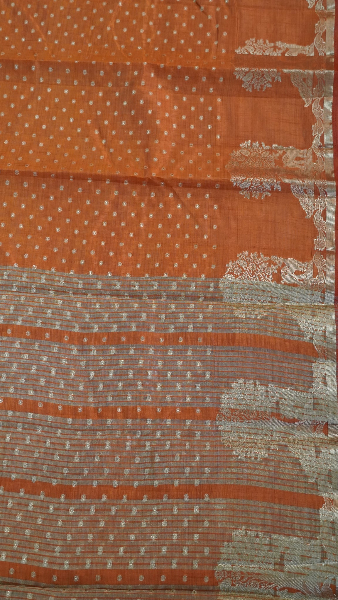Semi Tussar - Deer Peacock Border Orange