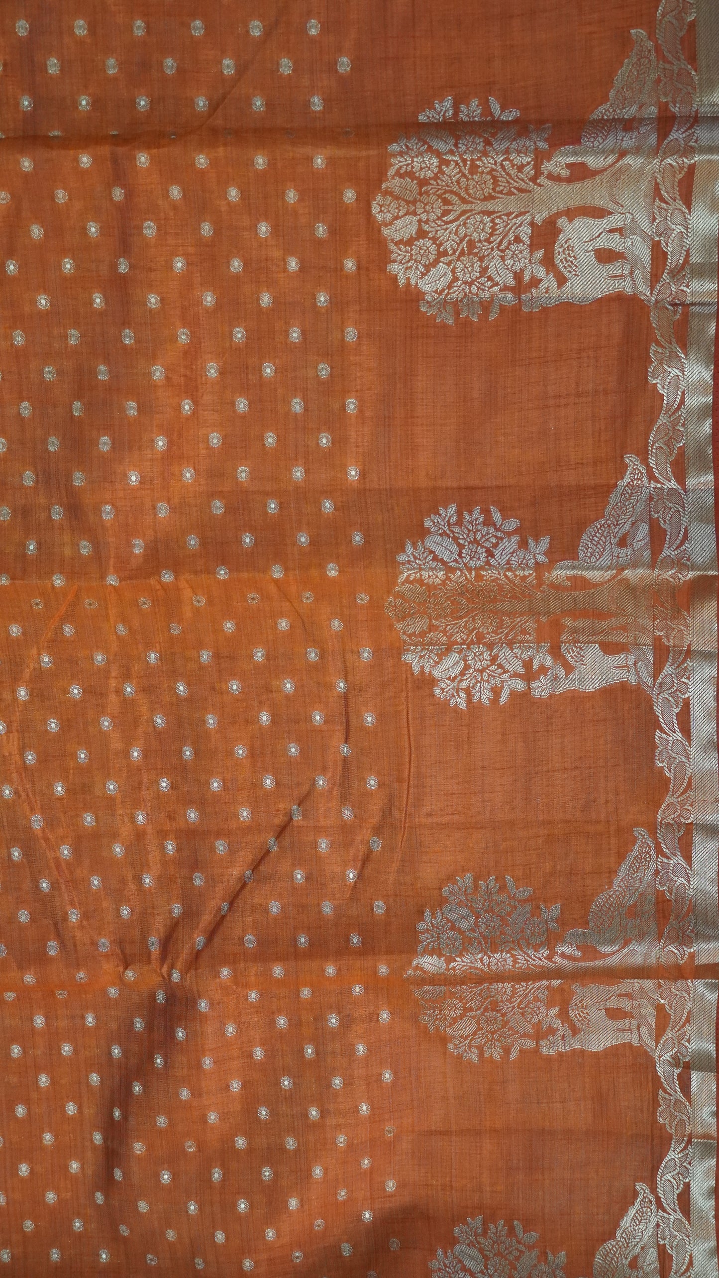 Semi Tussar - Deer Peacock Border Orange