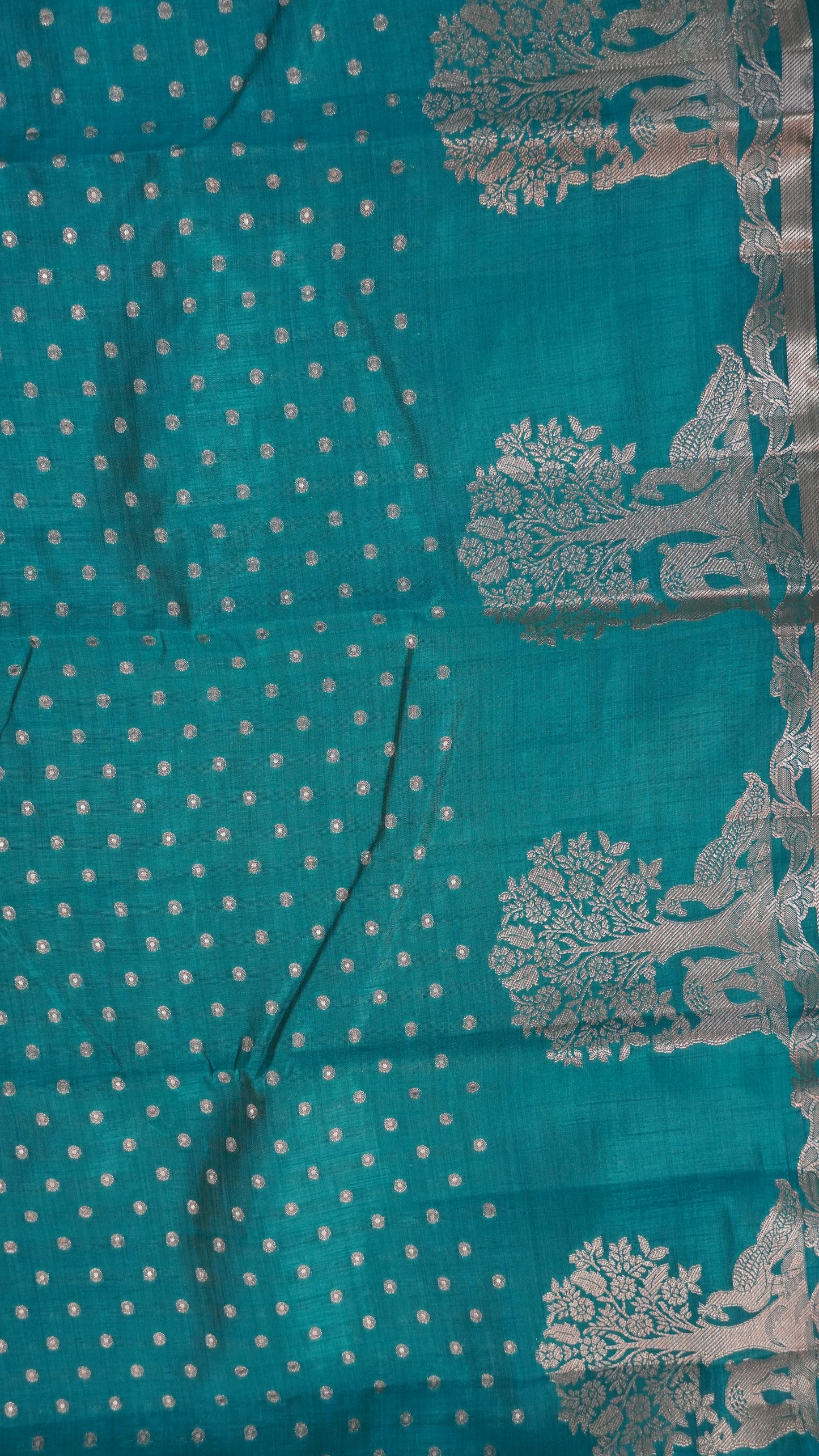 Semi Tussar - Deer Peacock Border Peacock Green