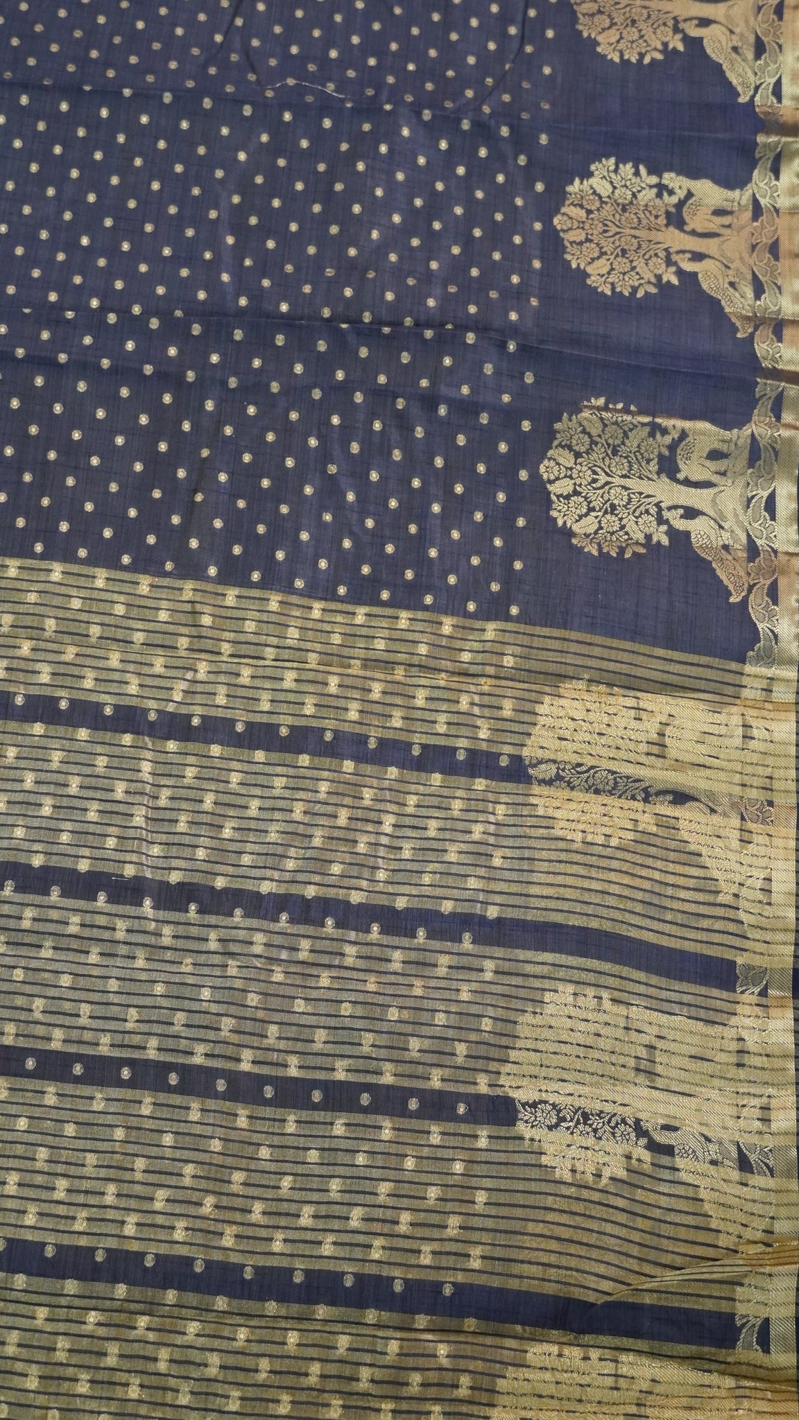 Semi Tussar - Deer Peacock Border Navy Blue