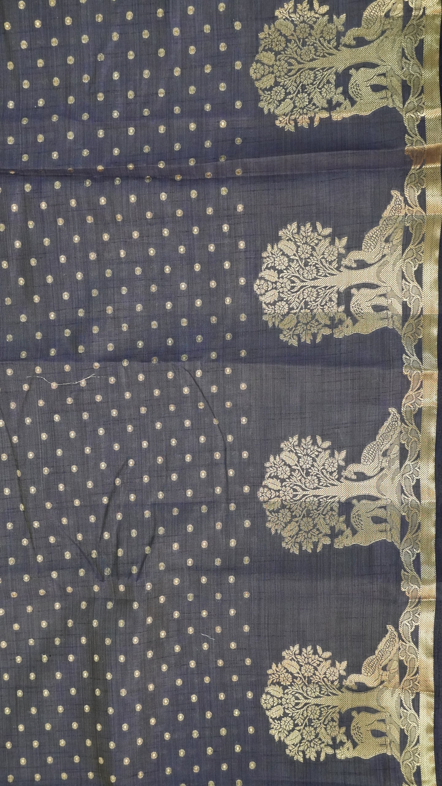 Semi Tussar - Deer Peacock Border Navy Blue