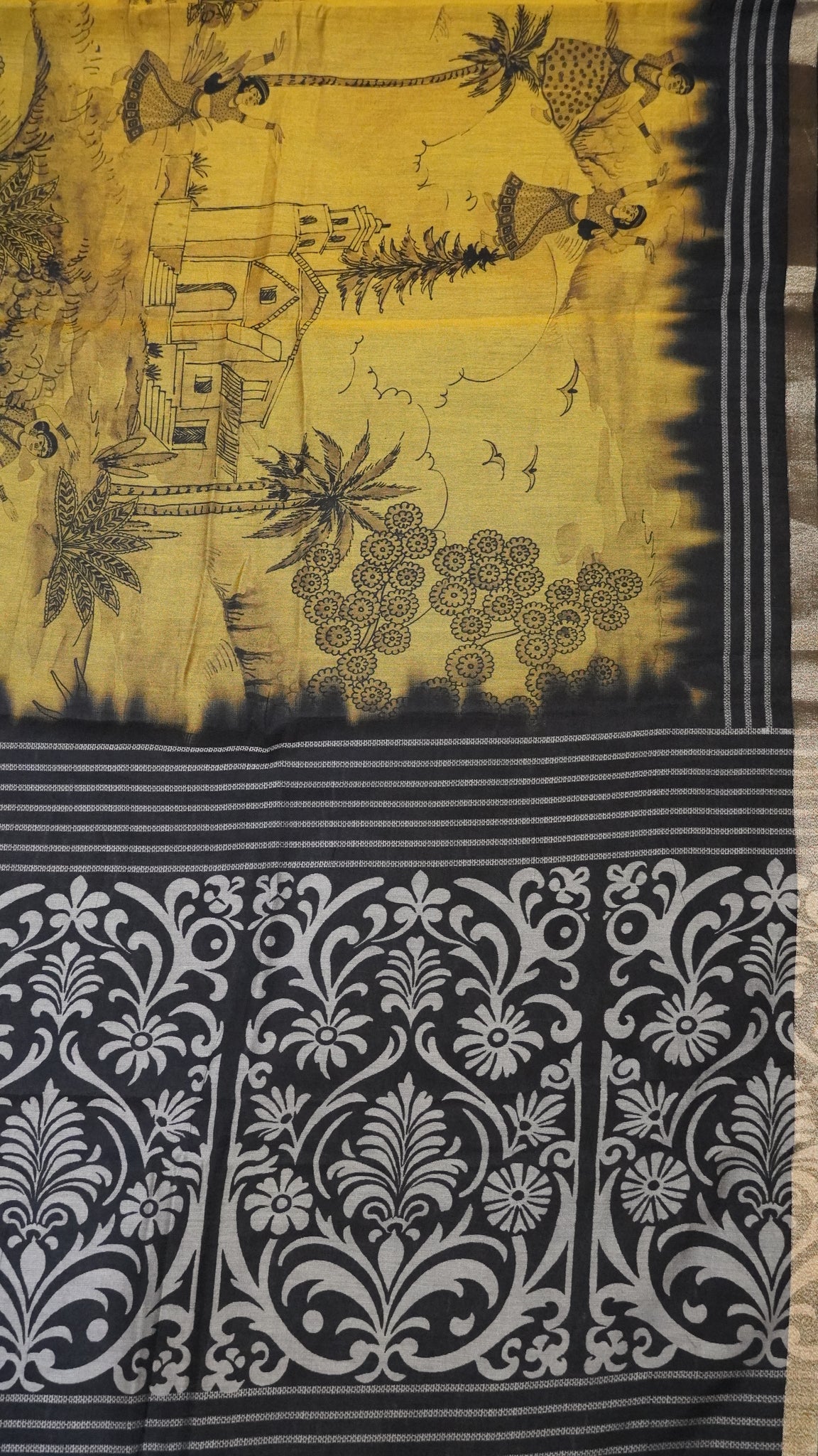 Malai Cotton Saree - Mustard-Blue