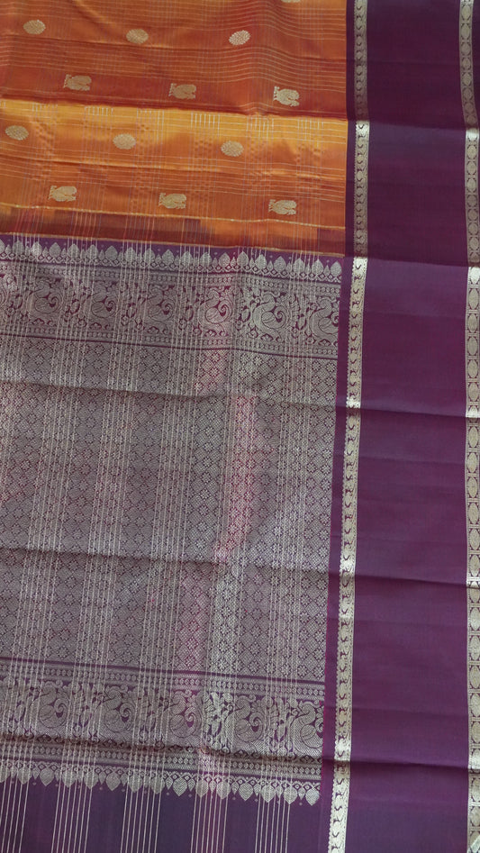 Pure Kanjivaram Silk Saree- Rettapet Border Golden Orange