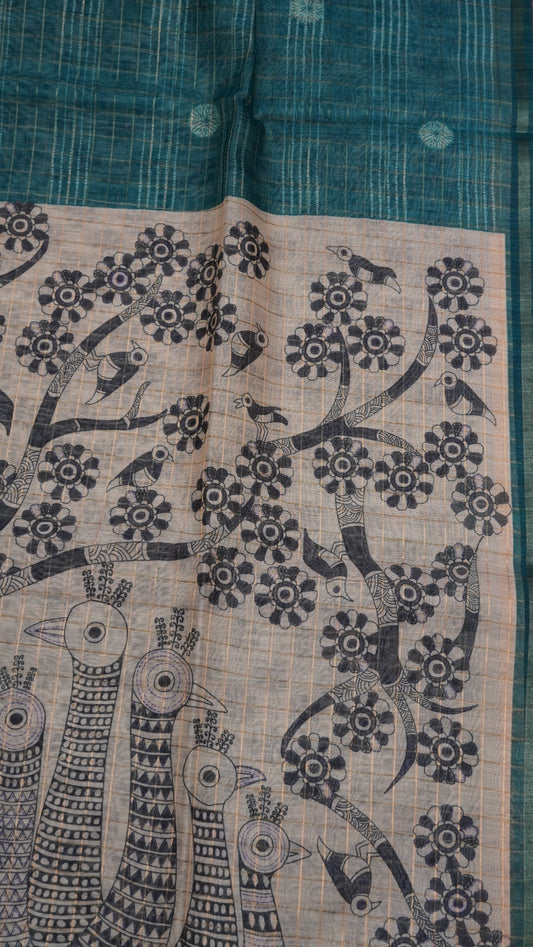 Semi Chanderi Saree - Body Checks Peacock Green