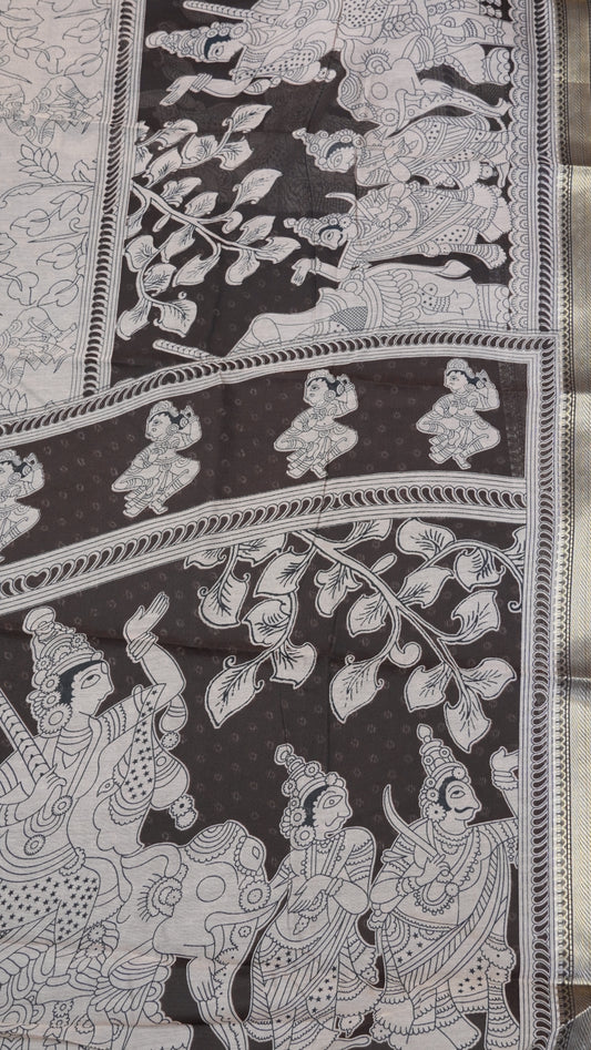 Mal Chanderi Saree - Kalamkari Grey-Black