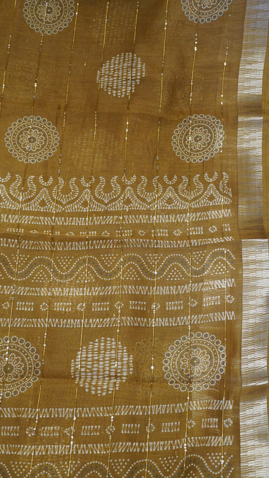 Semi Chanderi Saree -Kolam Sequence Khaki
