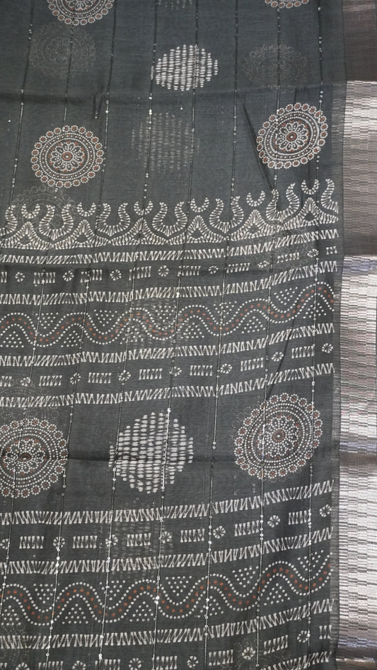 Semi Chanderi Saree -Kolam Sequence Dark Sage Green