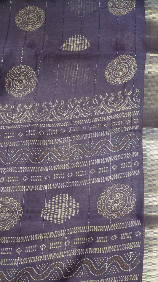 Semi Chanderi Saree -Kolam Sequence Voilet