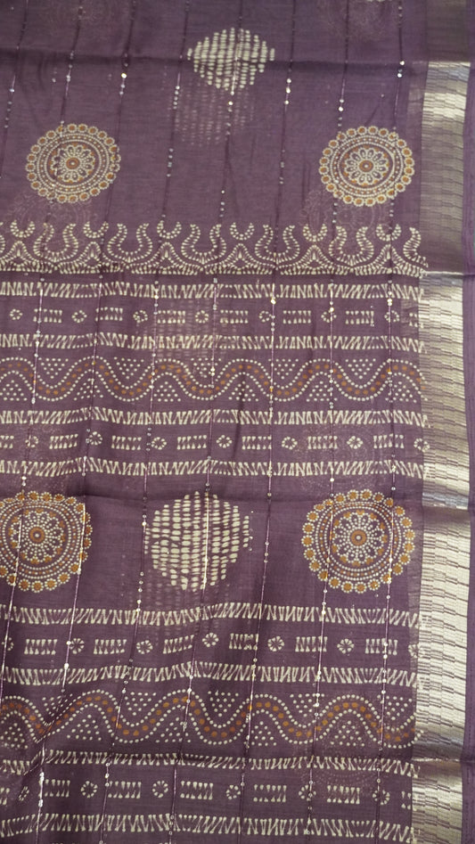 Semi Chanderi Saree -Kolam Sequence Purple