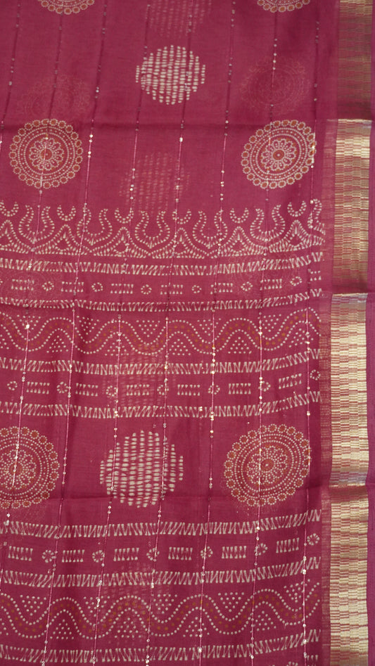 Semi Chanderi Saree -Kolam Sequence Dark Pink