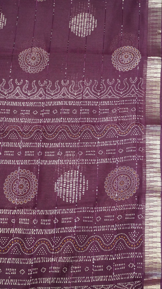 Semi Chanderi Saree -Kolam Sequence Wine