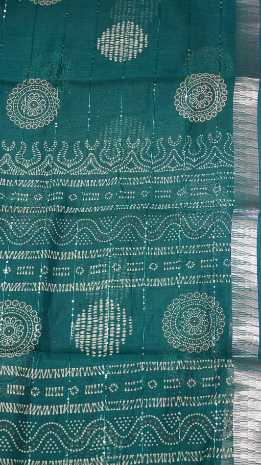 Semi Chanderi Saree -Kolam Sequence Peacock Green