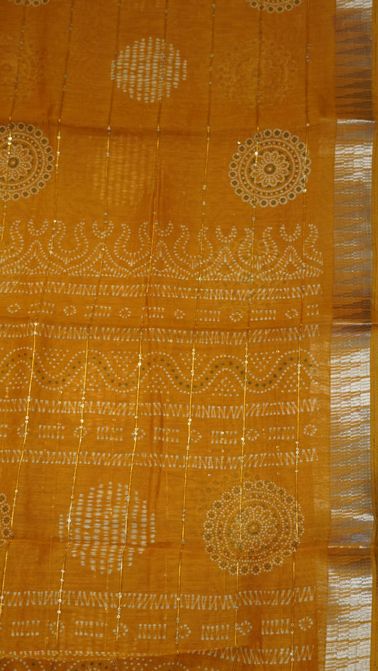 Semi Chanderi Saree -Kolam Sequence Mustard