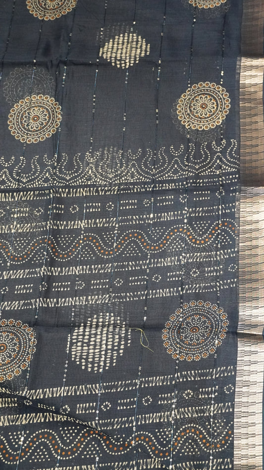 Semi Chanderi Saree -Kolam Sequence Dark Peacock Blue