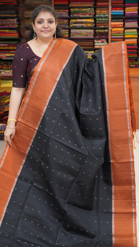 Pure Soft Silk Saree - Black-Brick Red